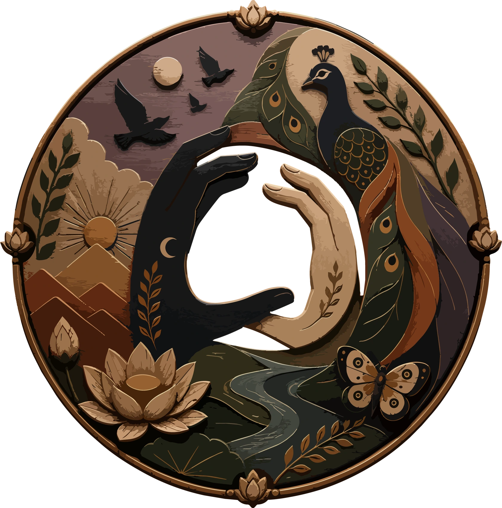 Shunya Chakra iris: a circular forest artwork of Garba, birds, a peacock, lotus, river and mountains